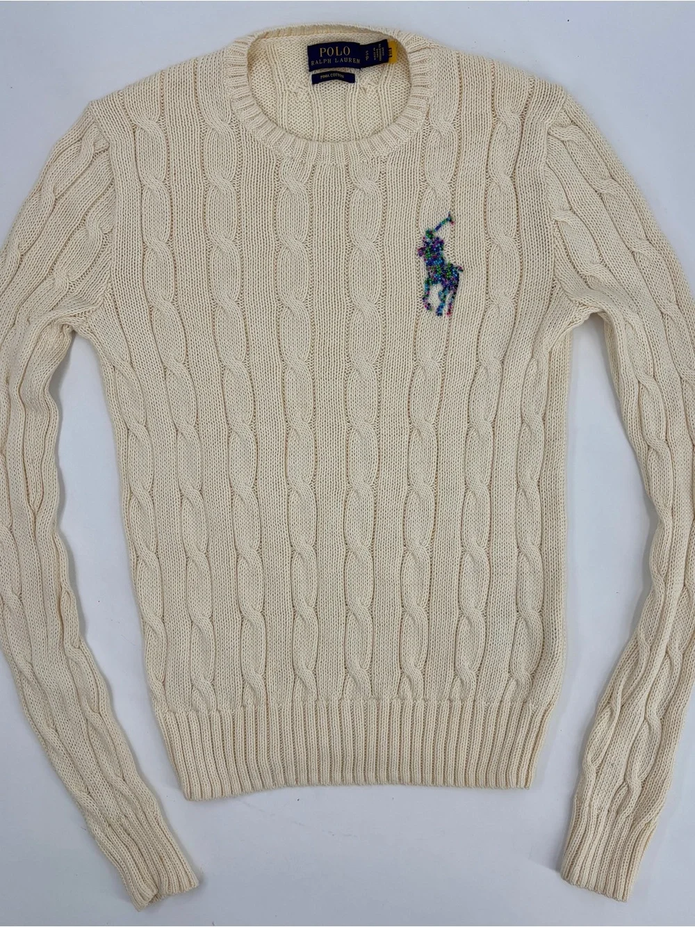 POLO RALPH LAUREN Beaded Big Pony Sweater Women’s S Cream Cable Knit Pima Cotton - Picture 3 of 13